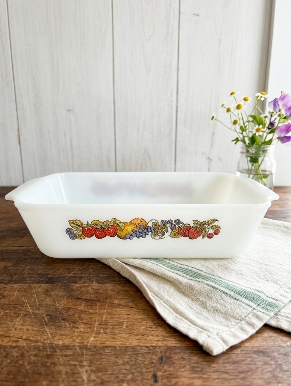 Anchor Hocking Fire King White Milk Glass Nature's Bounty Fruit Loaf Pan 1 Qt